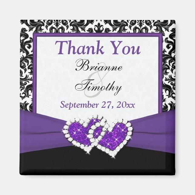 Black, Purple, White Damask Wedding Favour Magnet (Front)