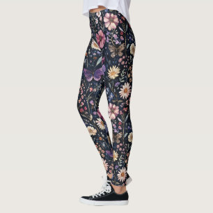 Black Purple Yellow Pink Floral Butterflies Leggings