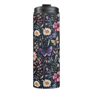 Black Purple Yellow Pink Floral Butterflies Thermal Tumbler