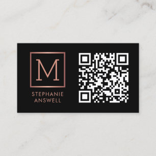 Black QR Code Logo Monogram Rose Gold Business Card