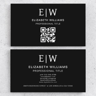 Black QR Code Monogram Minimalist Business Card