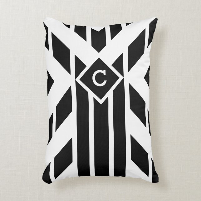Black Quadrilateral Stripes on White with Monogram Decorative Pillow (Front(Vertical))