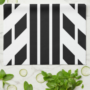 Black Quadrilateral Stripes on White with Monogram Kitchen Towel