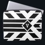 Black Quadrilateral Stripes on White with Monogram Laptop Sleeve<br><div class="desc">Striking black and white geometric pattern features black quadrilaterals aligned in stripes. The parallelograms angle towards a black diamond outlined with white in the upper third of the image. The diamond contains a customizable monogram. Three bold black stripes extend from the bottom of the diamond to the base of the...</div>