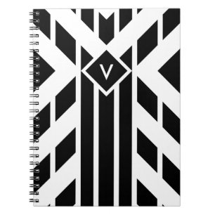 Black Quadrilateral Stripes on White with Monogram Notebook