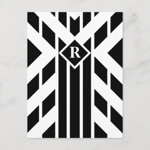 Black Quadrilateral Stripes on White with Monogram Postcard