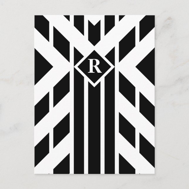 Black Quadrilateral Stripes on White with Monogram Postcard (Front)