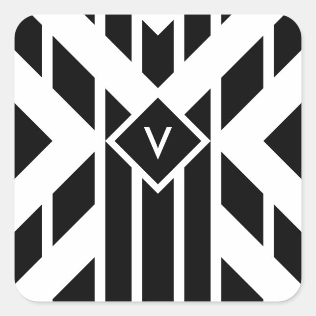 Black Quadrilateral Stripes on White with Monogram Square Sticker (Front)