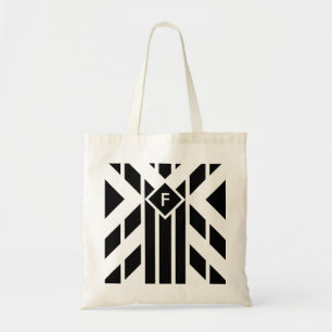 Black Quadrilateral Stripes on White with Monogram Tote Bag