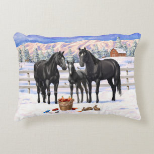 Black Quarter Horses In Snow Accent Pillow