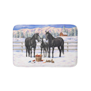 Black Quarter Horses In Snow Bath Mat