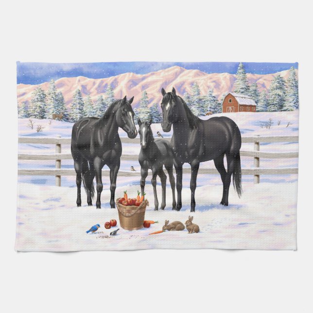 Black Quarter Horses In Snow Kitchen Towel (Horizontal)