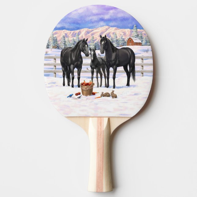 Black Quarter Horses In Snow Ping Pong Paddle (Front)