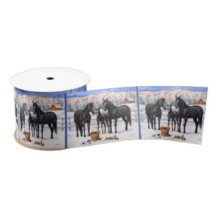 Black Quarter Horses In Snow Satin Ribbon