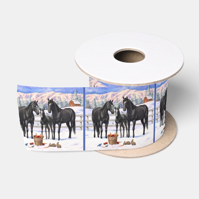 Black Quarter Horses In Snow Satin Ribbon (Spool)
