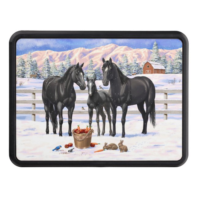 Black Quarter Horses In Snow Trailer Hitch Cover (Front)