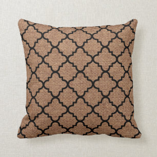 Black Quatrefoil & Faux Rustic Burlap –Shabby Ch Throw Pillow