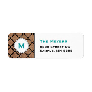 Black Quatrefoil on Rustic Burlap – Teal Monogra
