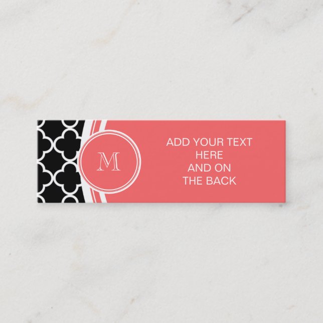 Black Quatrefoil Pattern, Coral Monogram Mini Business Card (Front)