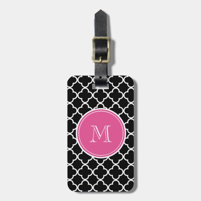 Black Quatrefoil Pattern, Hot Pink Monogram Luggage Tag (Front Vertical)