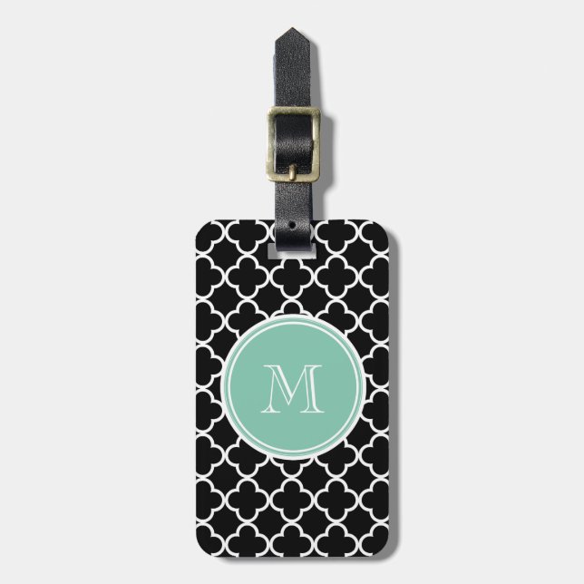 Black Quatrefoil Pattern, Mint Green Monogram Luggage Tag (Front Vertical)