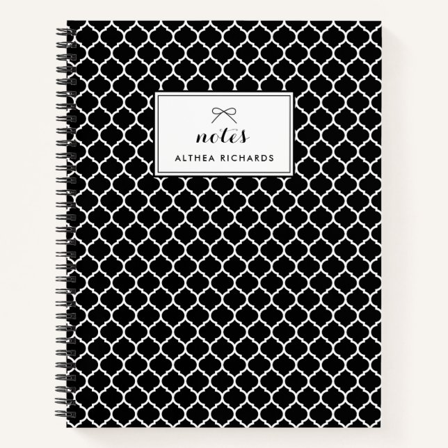 Black Quatrefoil Pattern Personalized Notebook (Front)