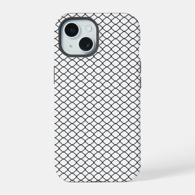 Black Quatrefoil Pattern White Background iPhone 15 Case (Back)