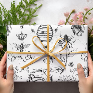 Black Queen Bee and Flowers Drawing Wrapping Paper