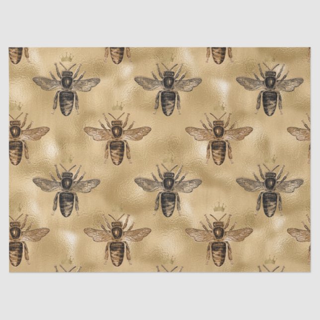 Black Queen Bees on Gold Decoupage Tissue Paper (Front)