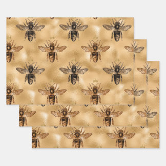 Black Queen Bees on Gold Wrapping Paper Sheet