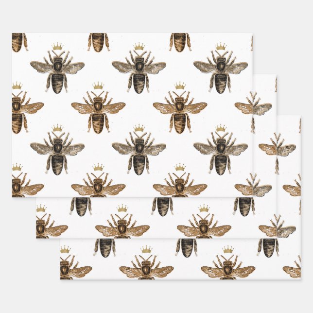 Black Queen Bees on White Wrapping Paper Sheet (Set)