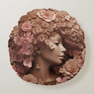 Black Queen Melanin Women 3D Floral Flower Afro  Round Pillow
