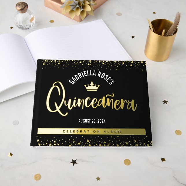 Black Quinceañera Crown Script Bold Real Gold Foil Guest Book (Front Open)