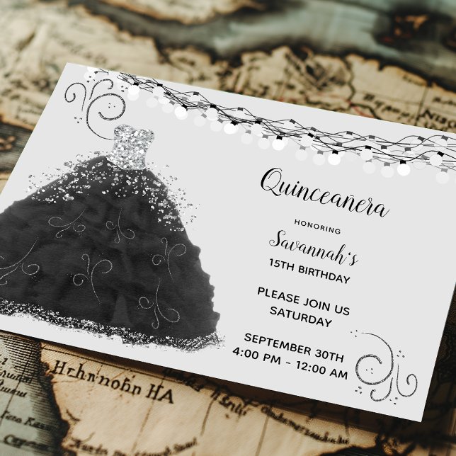 Black Quinceanera Princess Gown String Lights Invitation (Creator Uploaded)