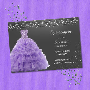 Black Quinceanera Princess Lavender Gown Lights Invitation