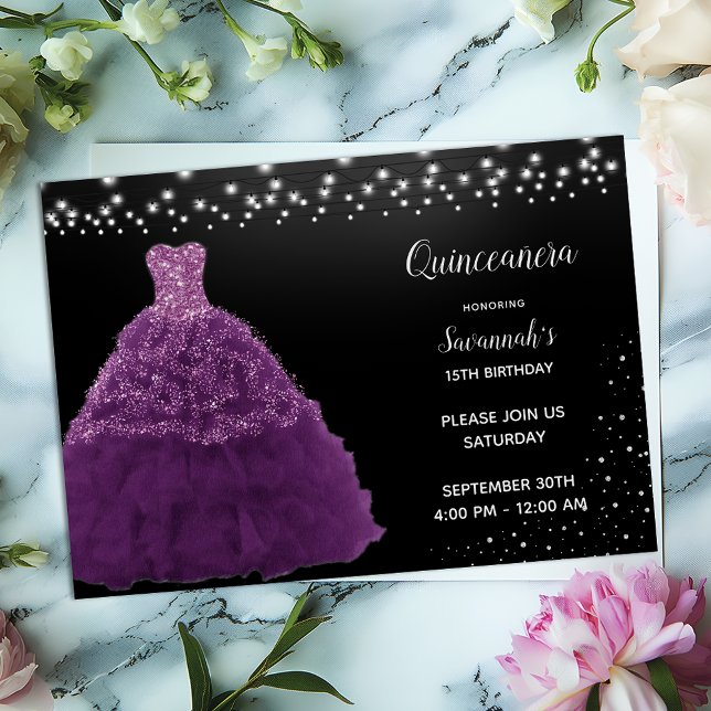 Black Quinceanera Princess Purple Gown Lights Invitation (Creator Uploaded)