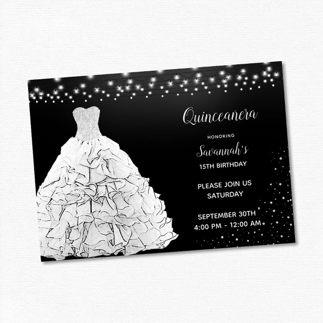 Black Quinceanera Princess White Gown Lights Invitation (Creator Uploaded)