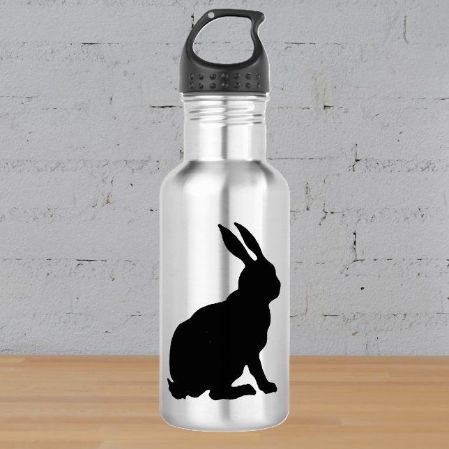 Black Rabbit Silhouette Easter Bunny 532 Ml Water Bottle (Black silhouette of sitting rabbit with tall ears on silver water bottle.)