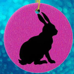 Black Rabbit Silhouette on Pink Ceramic Ornament
