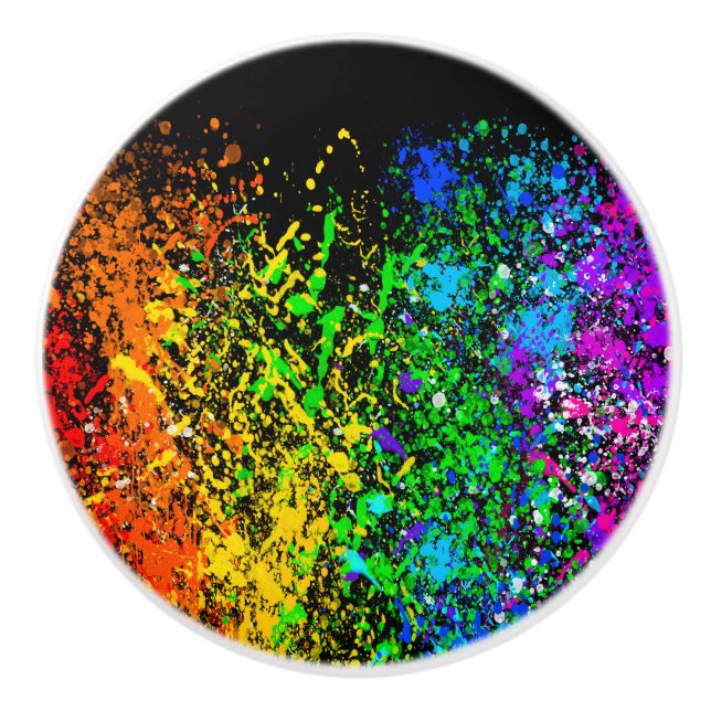 Black Rainbow Colour Paint Splatter Colourful Ceramic Knob (Front)