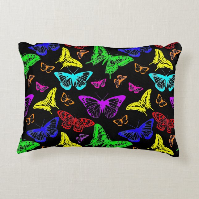 Black & Rainbow Coloured Butterflies Flying Accent Pillow (Back)