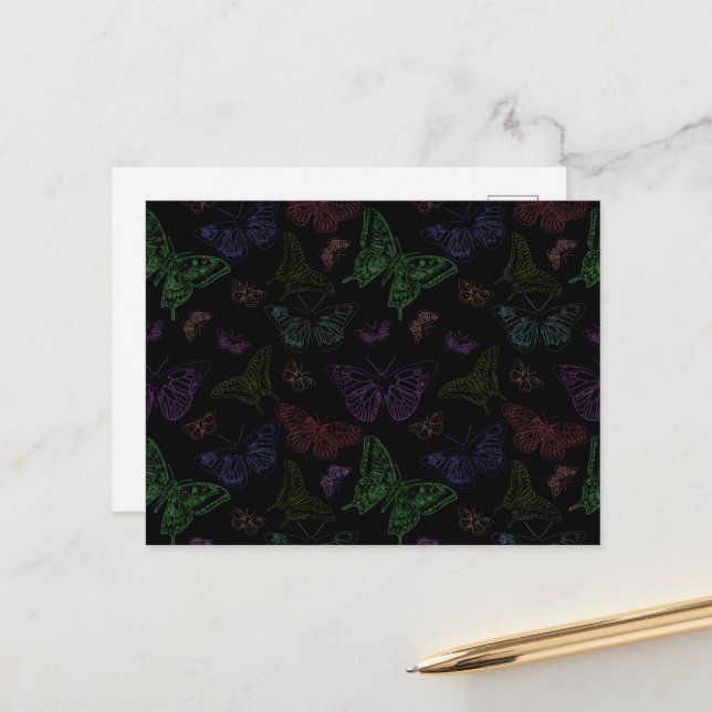 Black & Rainbow Coloured Butterflies Flying Postcard (Front/Back In Situ)
