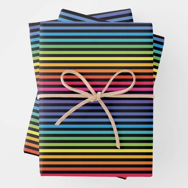 Black Rainbow Horizontal Stripes Wrapping Paper (In situ)
