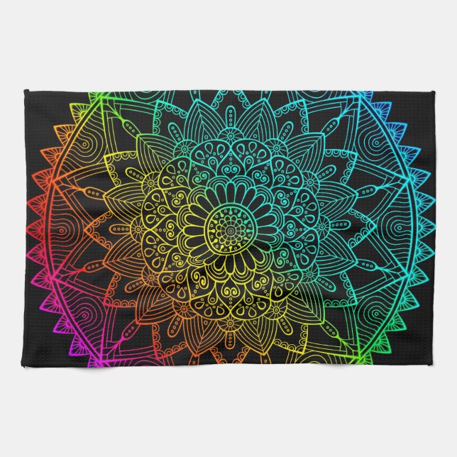 Black Rainbow Mandala Kitchen Towel (Horizontal)