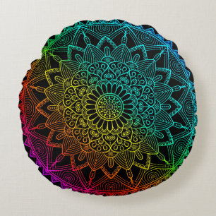 Black Rainbow Mandala Round Pillow