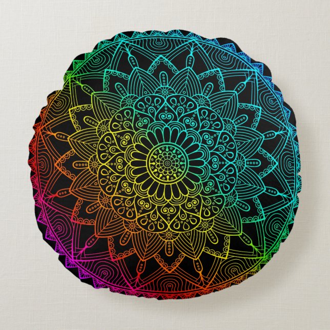 Black Rainbow Mandala Round Pillow (Front)