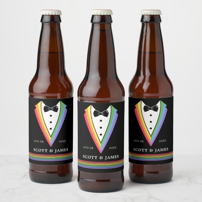 Black Rainbow Personalized Groomsmen Gay Pride  Beer Bottle Label (Bottles)