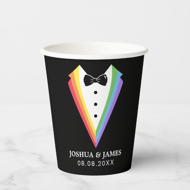 Black Rainbow Personalized Groomsmen Gay Pride Paper Cups (Front)