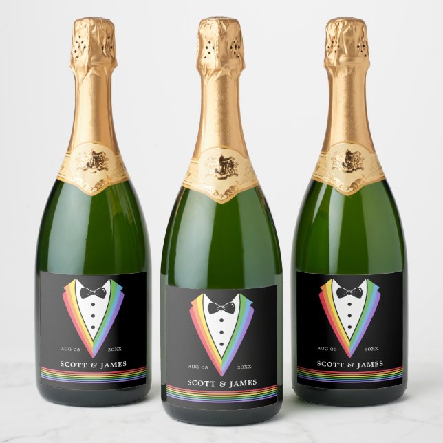 Black Rainbow Personalized Groomsmen Gay Pride  Sparkling Wine Label (Bottles)