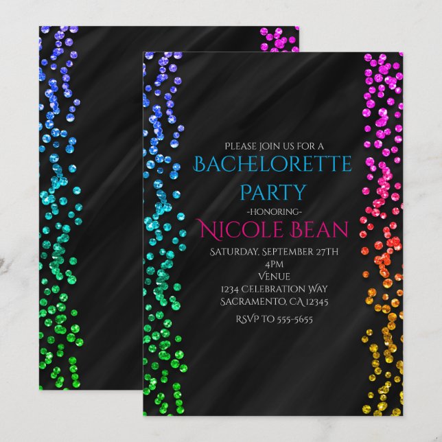 Black Rainbow Sparkle Glitter Confetti Fun Party Invitation (Front/Back)